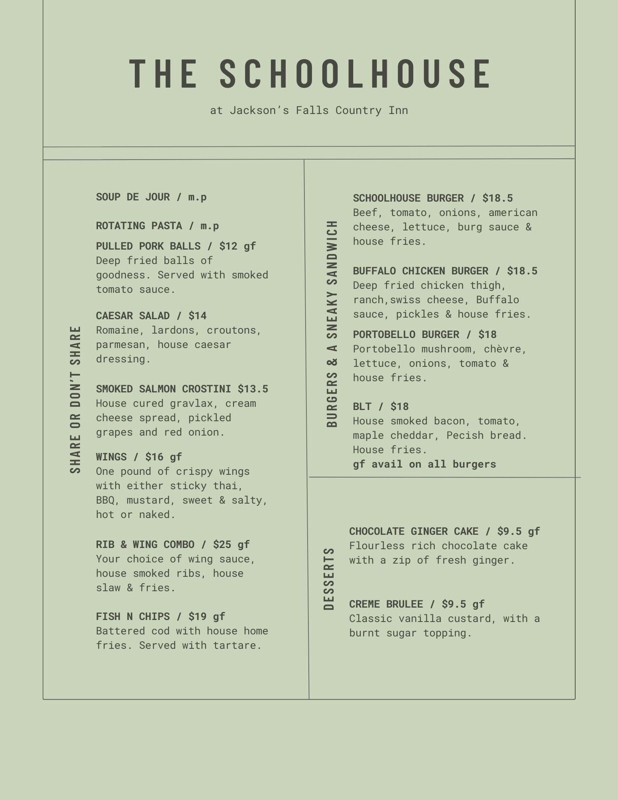 Friday night Pub menu